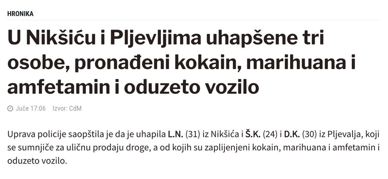 Montenegro-avmp/U-Niksicu-i-Pljevljima-uhapsene-tri-osobe-pronadeni-kokain-marihuana-i-amf