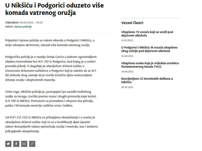 Montenegro-avmp/U-Niksicu-i-Podgorici-oduzeto-vise-komada-vatrenog-oruzja