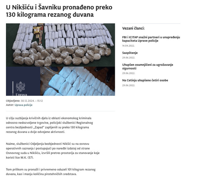 Montenegro-avmp/U-Niksicu-i-Savniku-pronadeno-preko-130-kilograma-rezanog-duvana