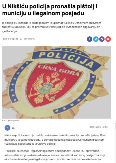 Montenegro-avmp/U-Niksicu-policija-pronasla-pistolj-i-municiju-u-ilegalnom-posjedu
