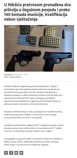 Montenegro-avmp/U-Niksicu-pretresom-pronadena-dva-pistolja-u-ilegalnom-posjedu-i-preko-140