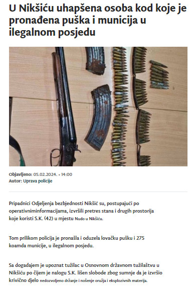 Montenegro-avmp/U-Niksicu-uhapsena-osoba-kod-koje-je-pronadena-puska-i-municija-u-ilegaln