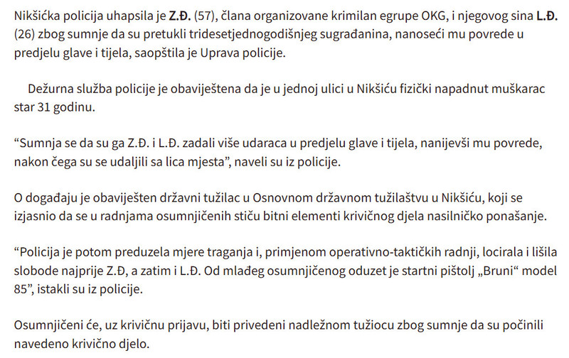 Montenegro-avmp/U-Niksicu-uhapseni-clan-kriminalne-grupe-i-njegov-sin-pretukli-sugradanina