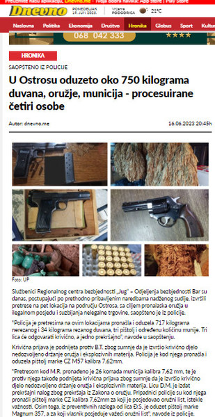 Montenegro-avmp/U-Ostrosu-oduzeto-oko-750-kilograma-duvana-oruzje-municija---procesuirane