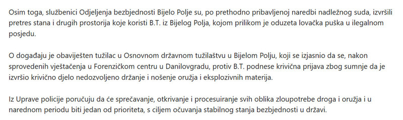 Montenegro-avmp/U-Petnjici-uhapsen-osumnjiceni-za-ulicnu-prodaju-narkotika-u-Bijelom-Polju-oduzeta-ilegalna-puska