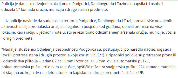 Montenegro-avmp/U-Podgorici-Danilovgradu-i-Tuzima-oduzeto-17-komada-oruzja-i-municija_2