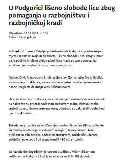 Montenegro-avmp/U-Podgorici-liseno-slobode-lice-zbog-pomaganja-u-razbojnistvu-i-razbojnick