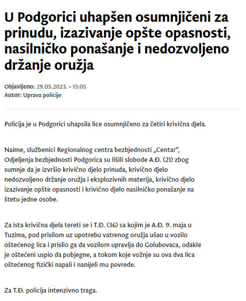 Montenegro-avmp/U-Podgorici-uhapsen-osumnjiceni-za-prinudu-izazivanje-opste-opasnosti-nas
