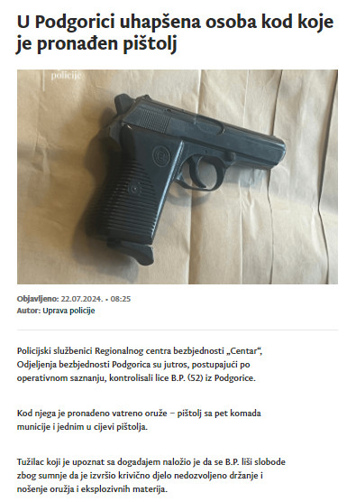 Montenegro-avmp/U-Podgorici-uhapsena-osoba-kod-koje-je-pronaden-pistolj_1
