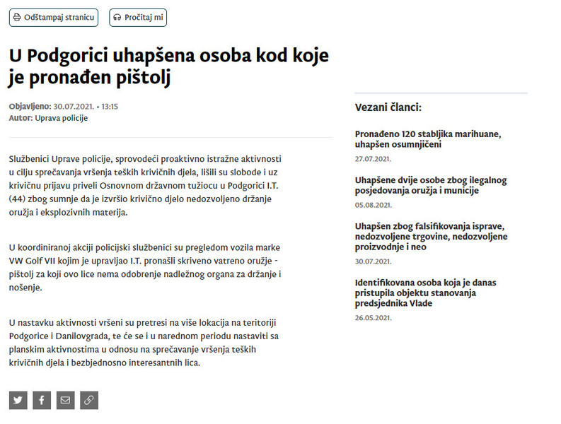 Montenegro-avmp/U-Podgorici-uhapsena-osoba-kod-koje-je-pronaden-pistolj