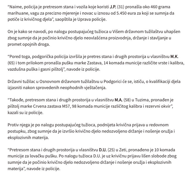 Montenegro-avmp/U-Podgorici-uhapsene-tri-osbe_-Pretresom-pronadeni-oruzje-municija-marihua