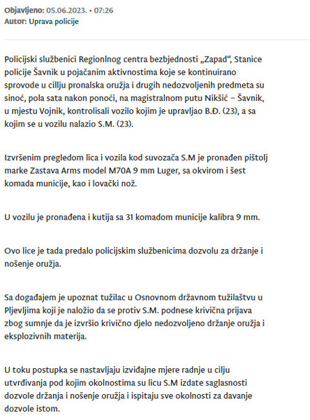 Montenegro-avmp/U-Savniku-i-Pluzinama-pronadeno-oruzje-i-municija-krivicna-prijava-protiv