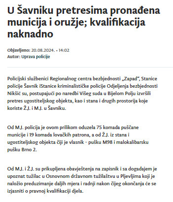 Montenegro-avmp/U-Savniku-pretresima-pronadena-municija-i-oruzje-kvalifikacija-naknadno