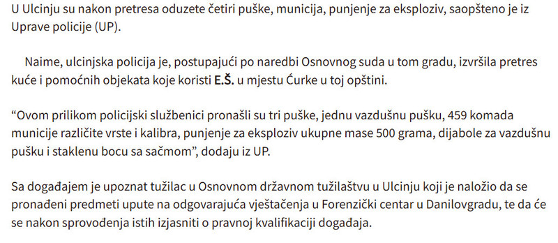 Montenegro-avmp/U-Ulcinju-oduzete-cetiri-puske-municija-punjenje-za-eksploziv