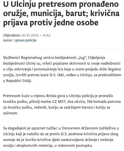 Montenegro-avmp/U-Ulcinju-pretresom-pronadeno-oruzje-municija-barut-krivicna-prijava-proti