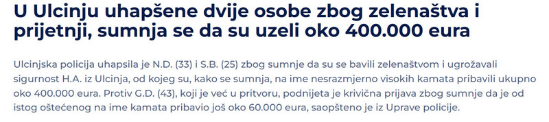 Montenegro-avmp/U-Ulcinju-uhapsene-dvije-osobe-zbog-zelenastva-i-prijetnji-sumnja-se-da-su-uzeli-oko-400.000-eura