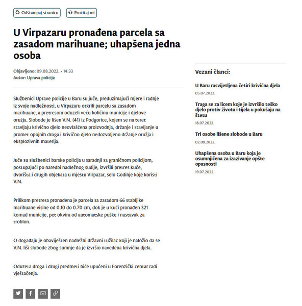 Montenegro-avmp/U-Virpazaru-pronadena-parcela-sa-zasadom-marihuane-uhapsena-jedna-osoba