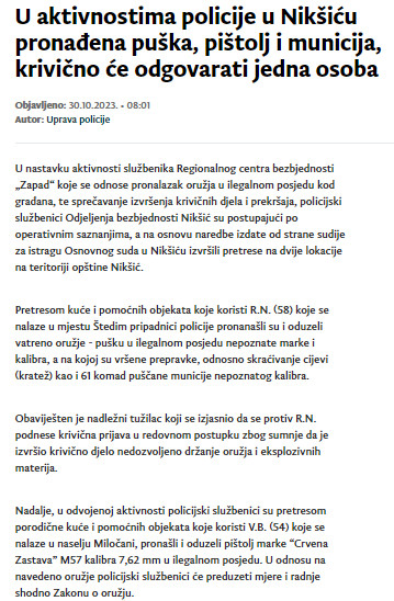 Montenegro-avmp/U-aktivnostima-policije-u-Niksicu-pronadena-puska-pistolj-i-municija-kriv