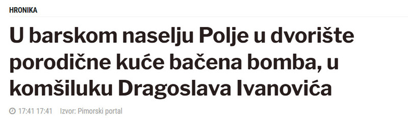 Montenegro-avmp/U-barskom-naselju-Polje-u-dvoriste-porodicne-kuce-bacena-bomba-u-komsiluku-Dragoslava-Ivanovica