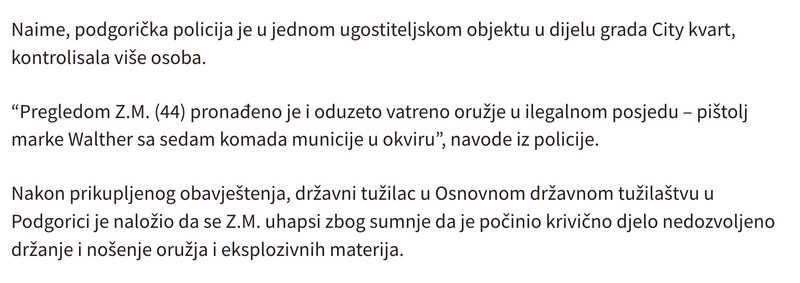 Montenegro-avmp/U-lokalu-u-City-kvartu-uhapsen-Podgoricanin-oduzet-pistolj-sa-municijom-u-_1