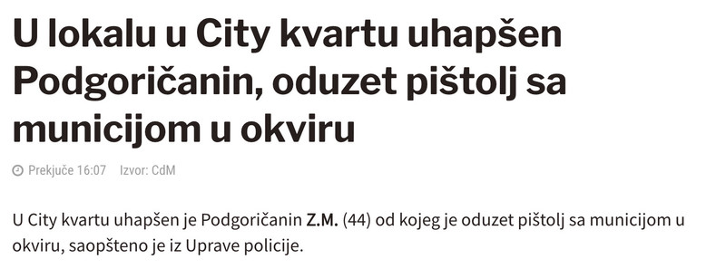 Montenegro-avmp/U-lokalu-u-City-kvartu-uhapsen-Podgoricanin-oduzet-pistolj-sa-municijom-u-