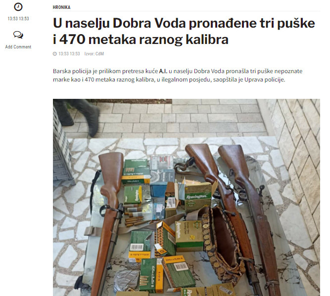 Montenegro-avmp/U-naselju-Dobra-Voda-pronadene-tri-puske-i-470-metaka-raznog-kalibra---CdM
