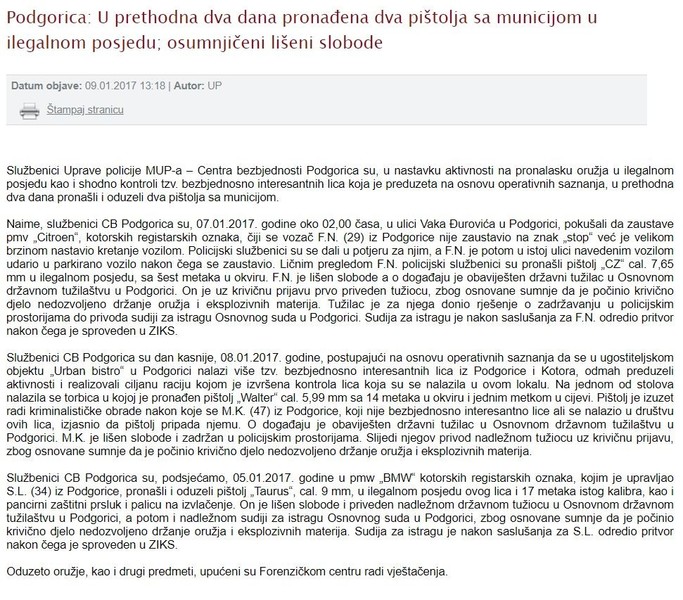 Montenegro-avmp/U-prethodna-dva-dana-pronadena-dva-pistolja-sa-municijom-u-ilegalnom-posje