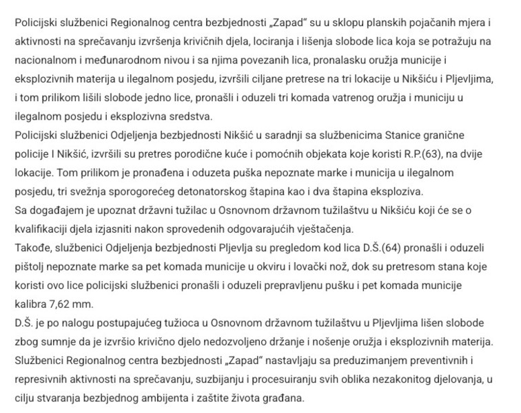 Montenegro-avmp/U-pretresima-na-teritoriji-Niksica-i-Pljevalja-oduzeto-vatreno-oruzje-muni
