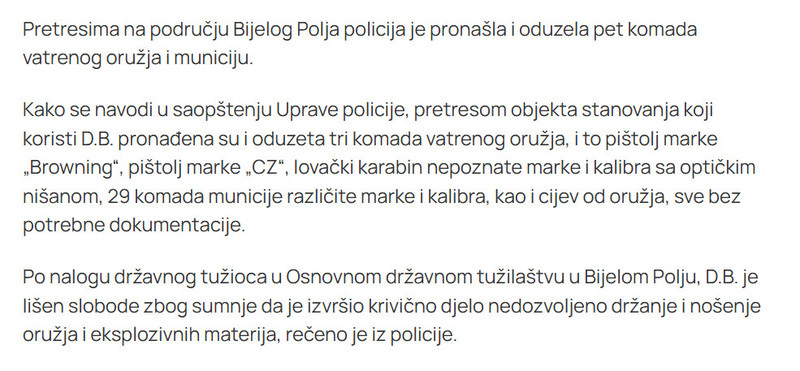 Montenegro-avmp/U-pretresima-u-Bijelom-Polju-oduzeto-pet-komada-vatrenog-oruzja-i-municija_1