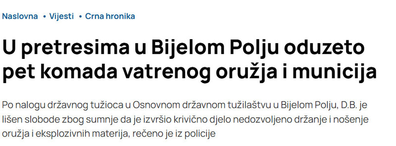 Montenegro-avmp/U-pretresima-u-Bijelom-Polju-oduzeto-pet-komada-vatrenog-oruzja-i-municija