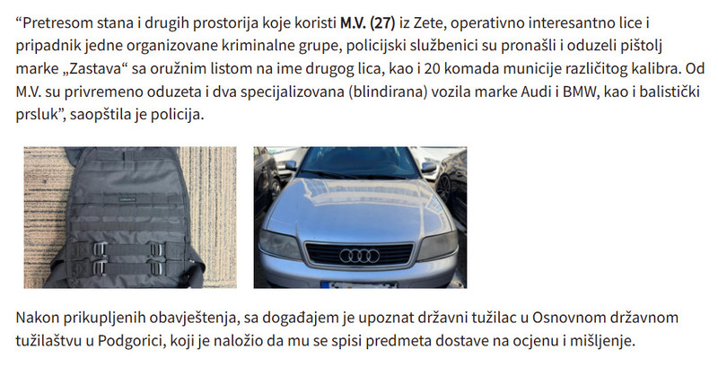 Montenegro-avmp/U-pretresima-u-Zeti-i-Tuzima-oduzeta-dva-pistolja-municija-balisticki-prsluk-blindirana-vozila