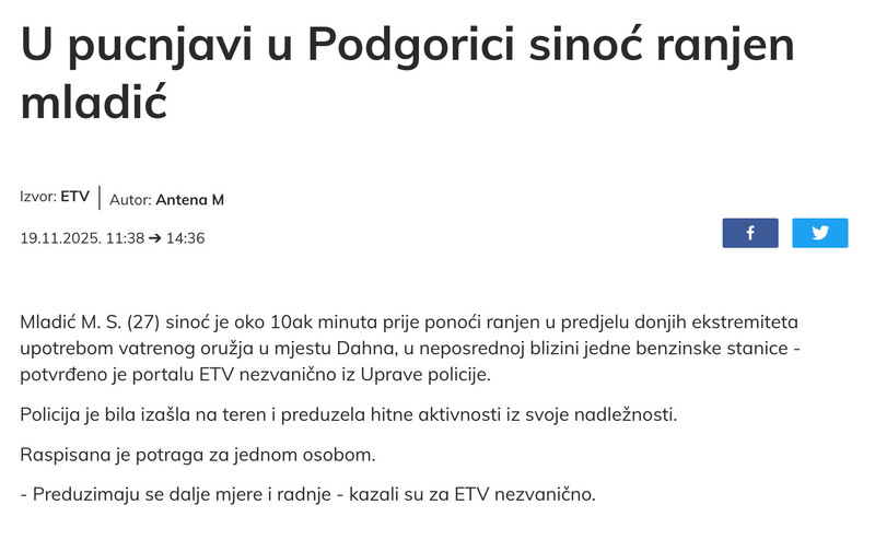 Montenegro-avmp/U-pucnjavi-u-Podgorici-sinoc-ranjen-mladic