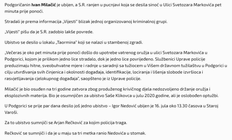 Montenegro-avmp/U-pucnjavi-u-Podgorici-ubijen-Ivan-Milacic-ranjena-jedna-osoba---Radio-Tel