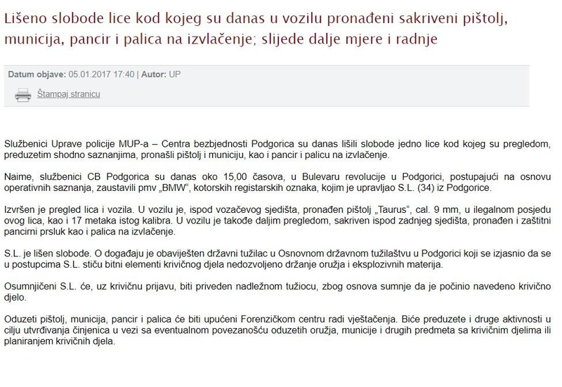 Montenegro-avmp/U-vozilu-pronadeni-sakriveni-pistolj-municija-pancir-i-palica-na-izvlacenj