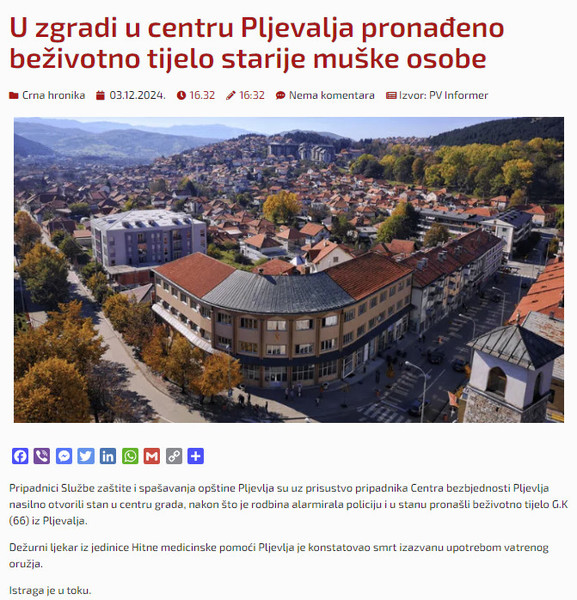 Montenegro-avmp/U-zgradi-u-centru-Pljevalja-pronadeno-bezivotno-tijelo-starije-muske-osobe