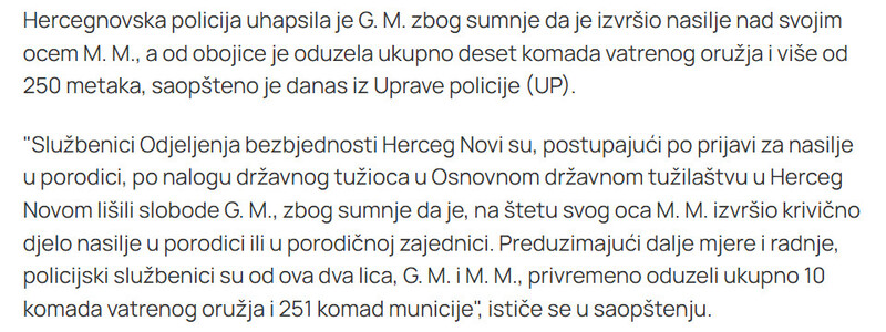 Montenegro-avmp/UP-Novljanin-uhapsen-zbog-sumnje-za-nasilje-nad-ocem-od-obojice-oduzeto-oruzje-i-municija_2
