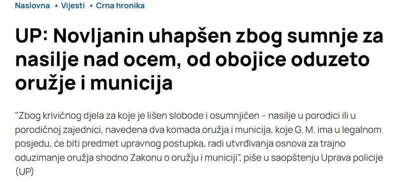 Montenegro-avmp/UP-Novljanin-uhapsen-zbog-sumnje-za-nasilje-nad-ocem-od-obojice-oduzeto-oruzje-i-municija