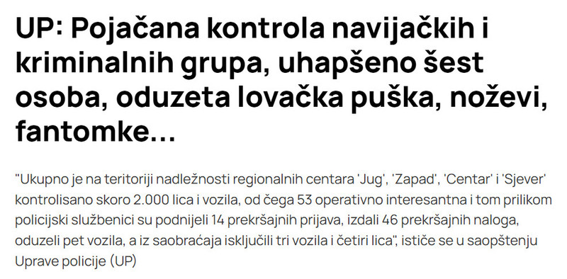 Montenegro-avmp/UP-Pojacana-kontrola-navijackih-i-kriminalnih-grupa-uhapseno-sest-osoba-oduzeta-lovacka-puska-nozevi-fantomke...