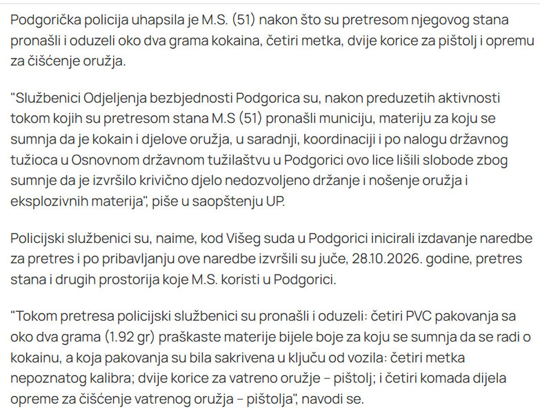Montenegro-avmp/UP-Uhapsen-nakon-sto-su-mu-pretresom-pronadeni-kokain-i-djelovi-oruzja_1