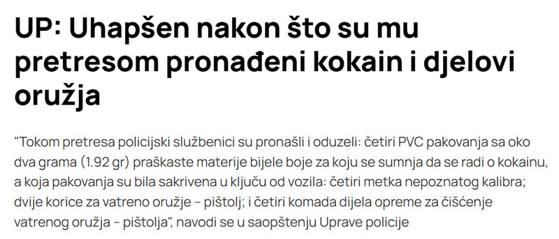 Montenegro-avmp/UP-Uhapsen-nakon-sto-su-mu-pretresom-pronadeni-kokain-i-djelovi-oruzja