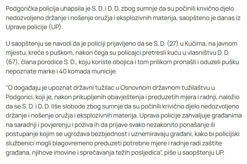 Montenegro-avmp/UP-Uhapsene-dvije-osobe-policajci-oduzeli-pusku-i-40-metaka_1