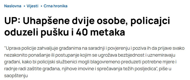Montenegro-avmp/UP-Uhapsene-dvije-osobe-policajci-oduzeli-pusku-i-40-metaka