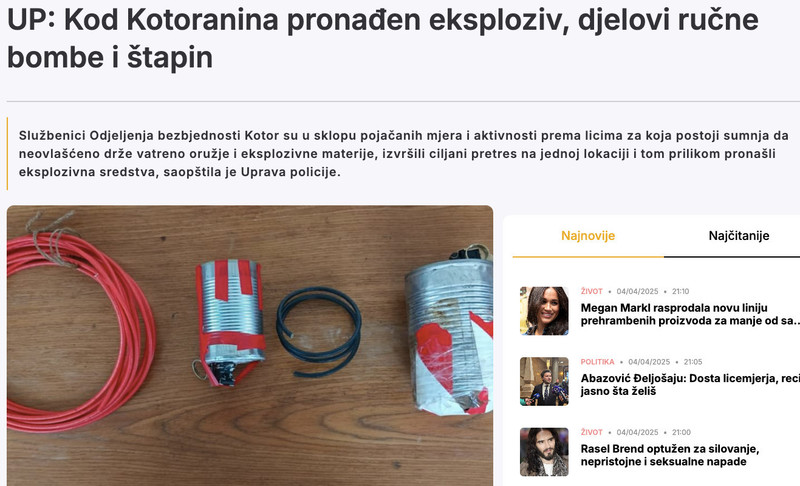 Montenegro-avmp/UP_-Kod-Kotoranina-pronaden-eksploziv-djelovi-rucne-bombe-i-stapin