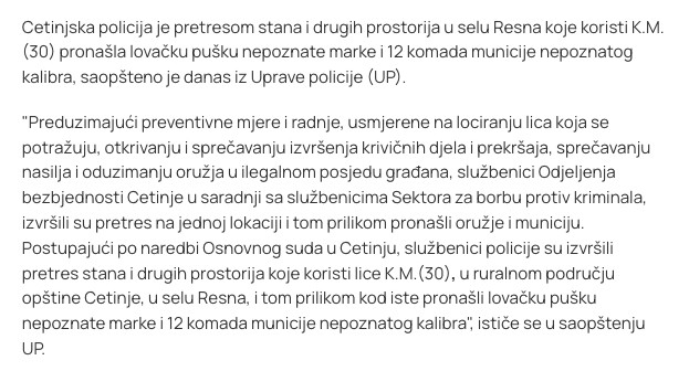 Montenegro-avmp/UP_-Policija-pretresla-kucu-u-selu-Resna-pronadena-lovacka-puska-i-12-meta_1