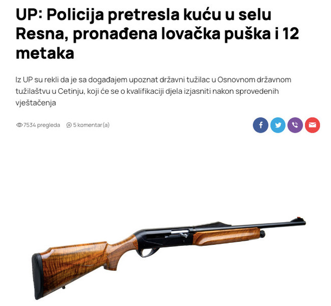 Montenegro-avmp/UP_-Policija-pretresla-kucu-u-selu-Resna-pronadena-lovacka-puska-i-12-meta