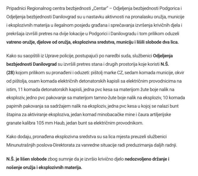 Montenegro-avmp/UP_-U-pretresima-u-Podgorici-i-Danilovgradu-pronadeno-vatreno-oruzje-ekspl