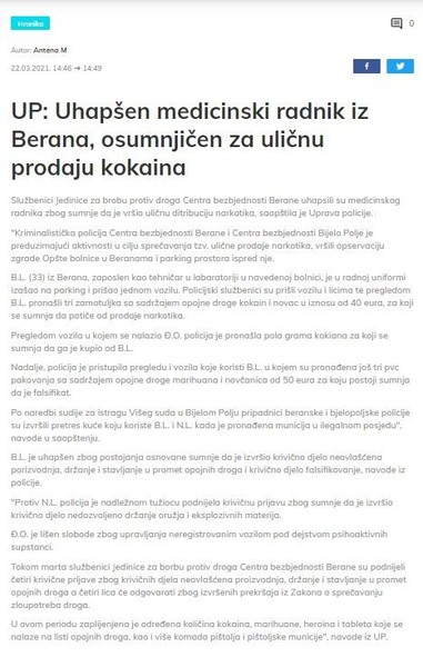 Montenegro-avmp/UP_-Uhapsen-medicinski-radnik-iz-Berana-osumnjicen-za-ulicnu-prodaju-kokai