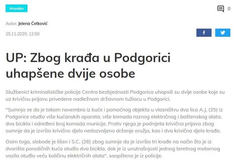 Montenegro-avmp/UP_-Zbog-krada-u-Podgorici-uhapsene-dvije-osobe