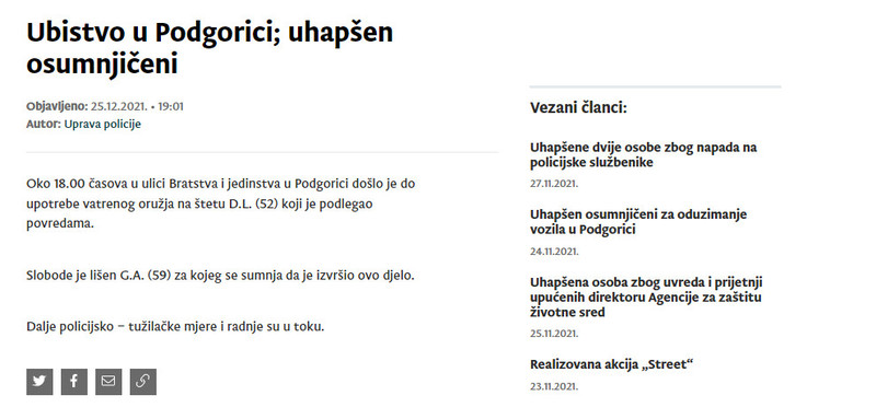 Montenegro-avmp/Ubistvo-u-Podgorici-uhapsen-osumnjiceni