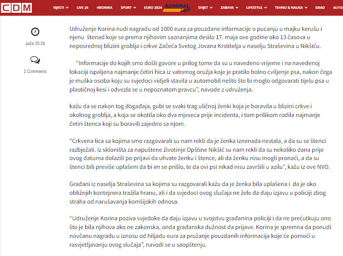 Montenegro-avmp/Udruzenje-Korina-nudi-nagradu-od-1000-eura-za-informaciju-o-pucanju-u-majk